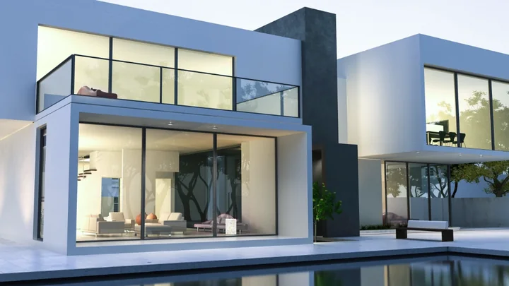 Rendering: moderne Villa mit großen Glasflächen und Pool in der Abenddämmerung – Privat, Symbolbild.